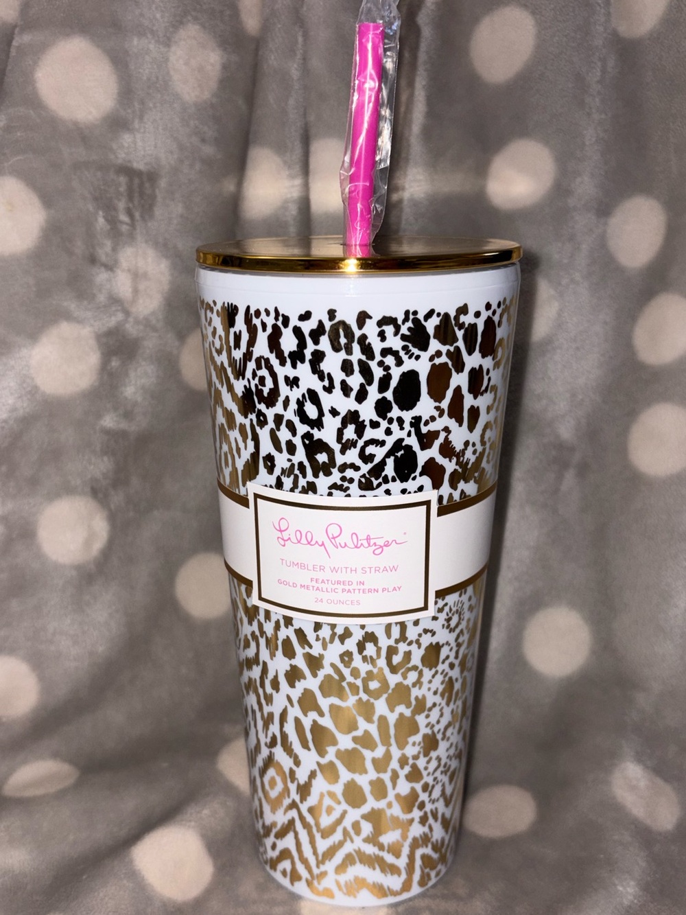 Lilly Pulitzer Gold Leopard Travel Tumbler with Pink Straw - 24 oz - NEW